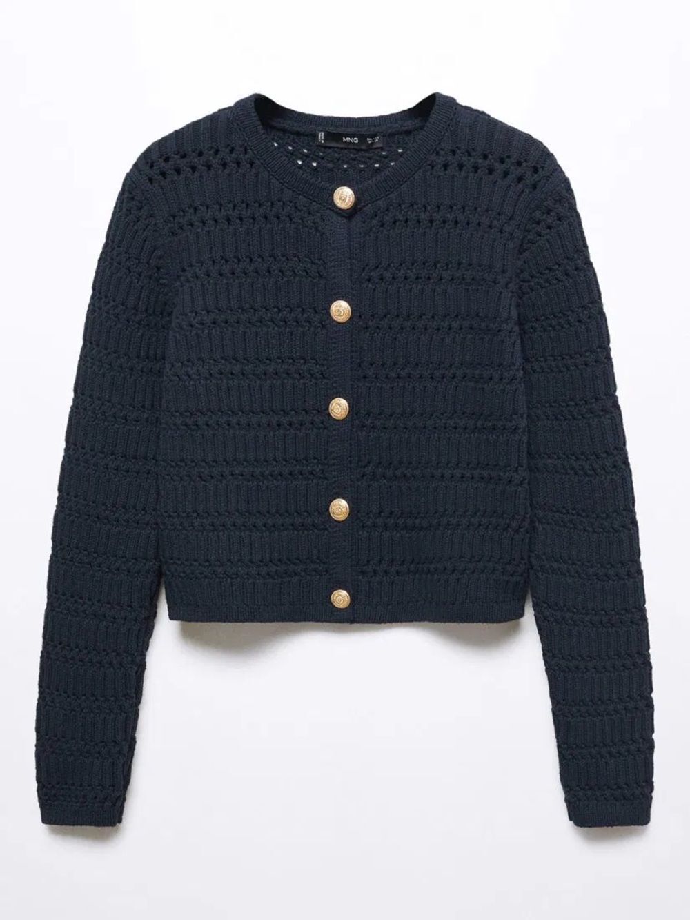 MANGO Navy Blue Chunky Knitted Cardigan Gold Jewel Buttons WMNS S Smart Casual